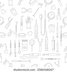 Seamless dental pattern. Dental tools and happy teeth.  Seamless dental pattern, vector line art. Seamless Pattern with Dental Icons.