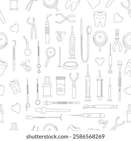 Seamless dental pattern. Dental tools and happy teeth.  Seamless dental pattern, vector line art. Seamless Pattern with Dental Icons.