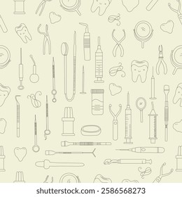 Seamless dental pattern. Dental tools and happy teeth.  Seamless dental pattern, vector line art. Seamless Pattern with Dental Icons.