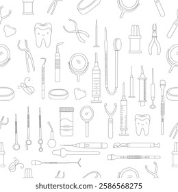 Seamless dental pattern. Dental tools and happy teeth.  Seamless dental pattern, vector line art. Seamless Pattern with Dental Icons.