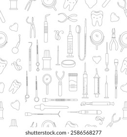 Seamless dental pattern. Dental tools and happy teeth.  Seamless dental pattern, vector line art. Seamless Pattern with Dental Icons.