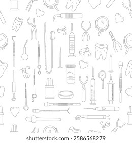 Seamless dental pattern. Dental tools and happy teeth.  Seamless dental pattern, vector line art. Seamless Pattern with Dental Icons.