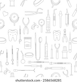 Seamless dental pattern. Dental tools and happy teeth.  Seamless dental pattern, vector line art. Seamless Pattern with Dental Icons.