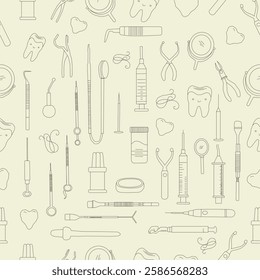 Seamless dental pattern. Dental tools and happy teeth.  Seamless dental pattern, vector line art. Seamless Pattern with Dental Icons.