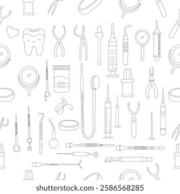 Seamless dental pattern. Dental tools and happy teeth.  Seamless dental pattern, vector line art. Seamless Pattern with Dental Icons.