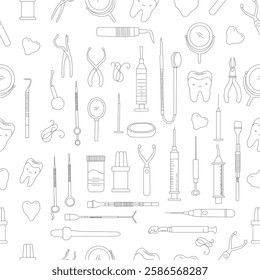 Seamless dental pattern. Dental tools and happy teeth.  Seamless dental pattern, vector line art. Seamless Pattern with Dental Icons.