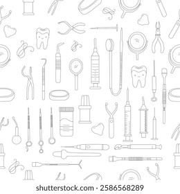 Seamless dental pattern. Dental tools and happy teeth.  Seamless dental pattern, vector line art. Seamless Pattern with Dental Icons.