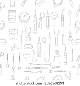 Seamless dental pattern. Dental tools and happy teeth.  Seamless dental pattern, vector line art. Seamless Pattern with Dental Icons.