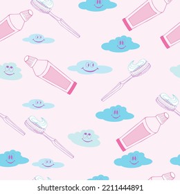 Seamless dental pattern toothpaste, brush and dental elements. For printing and complementing corporate style.