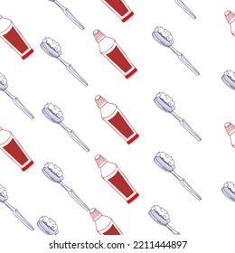 Seamless dental pattern toothpaste, brush and dental elements. For printing and complementing corporate style.