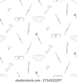 Seamless Dental Tools Pattern with Medical Line Icons on White Background