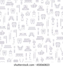 Seamless Dentist Equipment Pattern, Grey Symbols on White Background. Vector Illustration. Dental and Orthodontics Tools, Teeth. Monochrome Tiling.