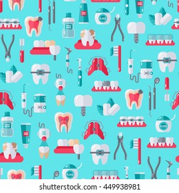 Seamless Dentist Equipment Pattern on Blue Background. Vector Illustration. Dental and Orthodontics Tools, Teeth.