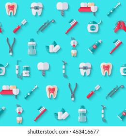 Seamless Dentist Equipment Pattern on Blue Background with Shadow. Vector Illustration. Dental and Orthodontics Tools, Teeth.