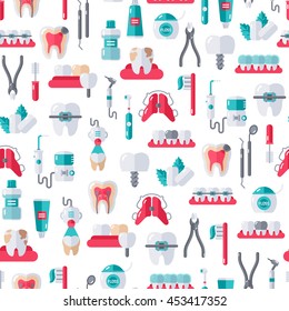 Seamless Dentist Equipment Pattern on White Background. Vector Illustration. Dental and Orthodontics Tools, Teeth.