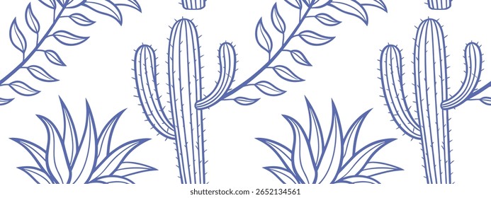 Seamless desert cactus and succulent plant pattern in blue line art on white background, elegant botanical design perfect for wallpapers, fabrics, prints, wrapping paper, and modern home 