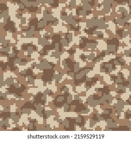 Seamless Desert Grunge Vector Army Design.  Brown Repeated Graphic Pixel Combat Backdrop. Khaki Seamless Modern Geometric Camouflage Background. Dark Digital Soldier Textile. 