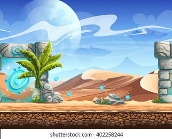 Seamless desert with palms and a magical portal. For newspapers, magazines, web design, websites, printing