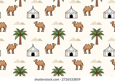 Seamless desert pattern featuring camel, palm tree, Bedouin tent, and sand dune illustrations. Cute flat cartoon style with soft earthy tones, suitable for Islamic themes, Ramadan designs, Middle Eastern backgrounds, fabric, wallpaper, and children-friendly Muslim illustrations.