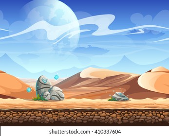 Seamless desert with stones and silhouettes of spaceships. For newspapers, magazines, web design, websites, printing