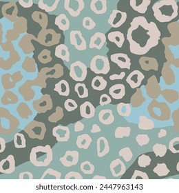 Seamless Desert Tropical Artistic Zoo Textile Design. Brown Endless Creative Retro Cat, Seamless Fabrics Print. Repeated Green Leather Paint Texture.