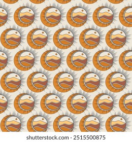 Seamless desert valley pattern. Vintage mystic illustration pattern. Landscape with mountains