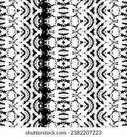 Seamless Design Art Pattern. Black Color Tribal Ink Batik. Doodle Dyed Dark Batik. Ethnic Art Doodle Vector. Black Colour Ink Scribble Texture. Simple Geometric Pattern. Abstract Dark Native Design