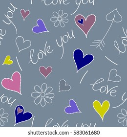 Seamless design backdrop for wedding invitation cards. Vector illustration. Vector Valentines day seamless pattern with small and big hearts, flower, I love you text in yellow and violet colors.