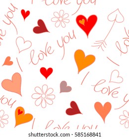Seamless design backdrop for wedding invitation cards. Vector Valentines day seamless pattern with small and big hearts, I love you text, flower in red, pink and orange colors on white background.