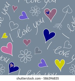 Seamless design backdrop for wedding invitation cards. Vector illustration. Vector Valentines day seamless pattern with small and big hearts, flower, I love you text in yellow and violet colors.