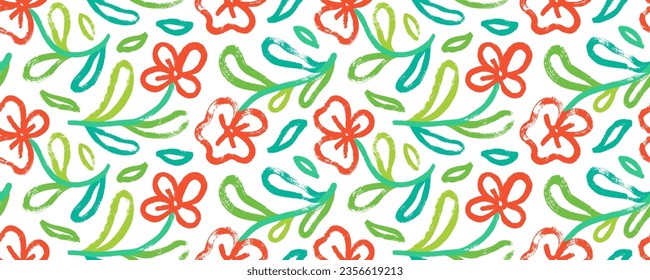 Seamless design banner with daisies naive flowers. Brush drawn colorful botanical elements with dry brush texture. Hand drawn seamless pattern in naive or sketchy style. Rough bold line illustration.