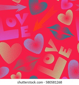 Seamless design in blue, violet and red colors for posters, wallpaper, wrapping paper. Vector pattern with arrow, hearts, kissing lips, love text in dots.