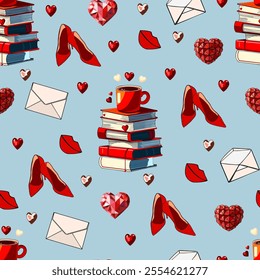 Seamless Design with Books, Envelopes, and Romantic Icons. Red and White Pattern with Coffee, Books, and Love Symbols