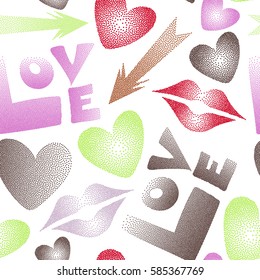 Seamless design in brown, red and pink colors for posters, wallpaper, wrapping paper. Vector pattern with arrow, hearts, kissing lips, love text in dots.