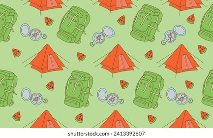 Seamless design of camping and travel elements. Hand drawn summer camp background. Cartoon flat style. Vector illustration. Design for packaging, fabrics, wallpaper, fashion and various prints.