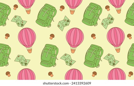 Seamless design of camping and travel elements. Hand drawn summer camp background. Cartoon flat style. Vector illustration. Design for packaging, fabrics, wallpaper, fashion and various prints.