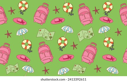 Seamless design of camping and travel elements. Hand drawn summer camp background. Cartoon flat style. Vector illustration. Design for packaging, fabrics, wallpaper, fashion and various prints.