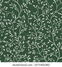 Seamless design with curved branches with small leaves. Vernicle floral pattern with white silhouettes of plants on a green background.