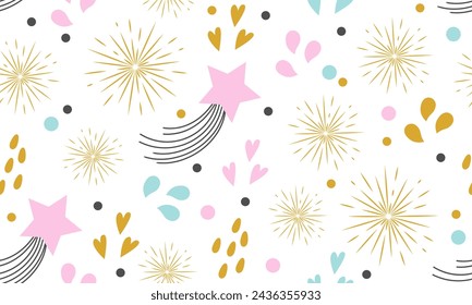 Nahtloses Design mit niedlichen Elementen. Sterne, Herzen, Lichter, Feiertagssymbole. Dekoration Banner Thema Lol Überraschungspuppe mädchenhaft Stil. Vorlage für Einladungskarten