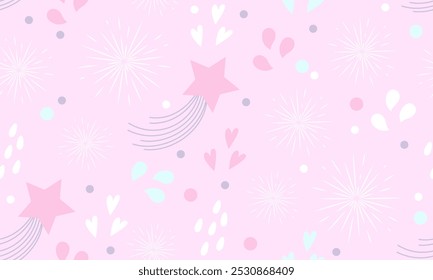 Diseño sin fisuras con Elementos lindos. Estrellas, corazones, luces, símbolos de fiesta. Decoración Anuncio tematizado Lol sorpresa muñeca estilo femenino. Plantilla de tarjeta de invitación