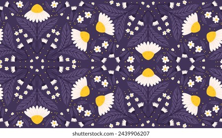 Seamless design with daisy flowers in deep purple shades. Chamomile repeated surface pattern on a purple backdrop.