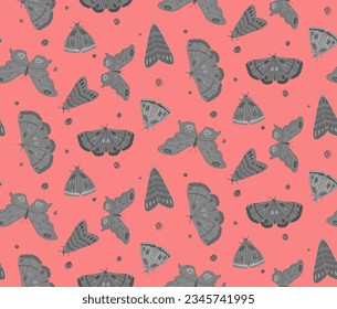Seamless design with different shades of gray moths and scattered polka dots on a pink background. Hand-drawn realistic butterfly pattern for paper and fabric.