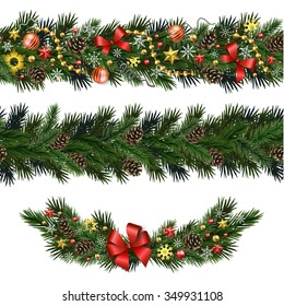 Seamless design elements for Christmas and New Year design isolated on white background. Garlands and vignette of fir branches with snowflakes, branches, pine cones, ribbons, stars, beads.