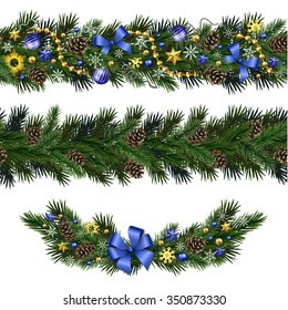 Seamless design elements for Christmas and New Year design isolated on white background. Garlands and vignette of fir branches with snowflakes, branches, pine cones, ribbons, stars, beads.