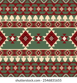 A seamless design featuring bold geometric shapes in shades of green, red, and soft beige.  include triangular arrangements, and pine tree silhouettes. Perfect for use in textile design, wallpapers.