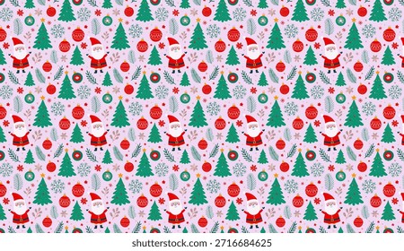 A seamless design featuring Christmas and New Year celebratory elements, including a Christmas tree, Santa Claus, baubles, snowflakes, and stars.