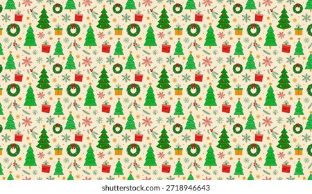 Un diseño sin fisuras con Navidades y Elementos de celebración del Año Nuevo, que incluyen un árbol de Navidad, una corona de Navidad, una caja de regalo, chucherías, copos de nieve y estrellas.