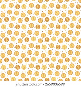 Seamless design featuring dollar sign and wealth motif. Seamless pattern of US dollar coin