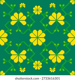 A seamless design featuring a flower garden, with shades of green, yellow flowers, and branches that evoke a refreshing feeling. There are both small and large blooms, all with a pixelated texture. If this pattern were used in textile production, it could be used to decorate various items, clothing, and wallpaper, creating a beautiful effect.