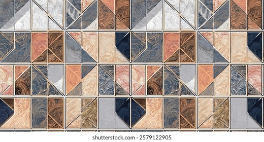 A seamless design featuring an intricate arrangement of triangles and rectangles in earthy and muted tones, with textured details, creating a modern and artistic aesthetic ideal for various decorative